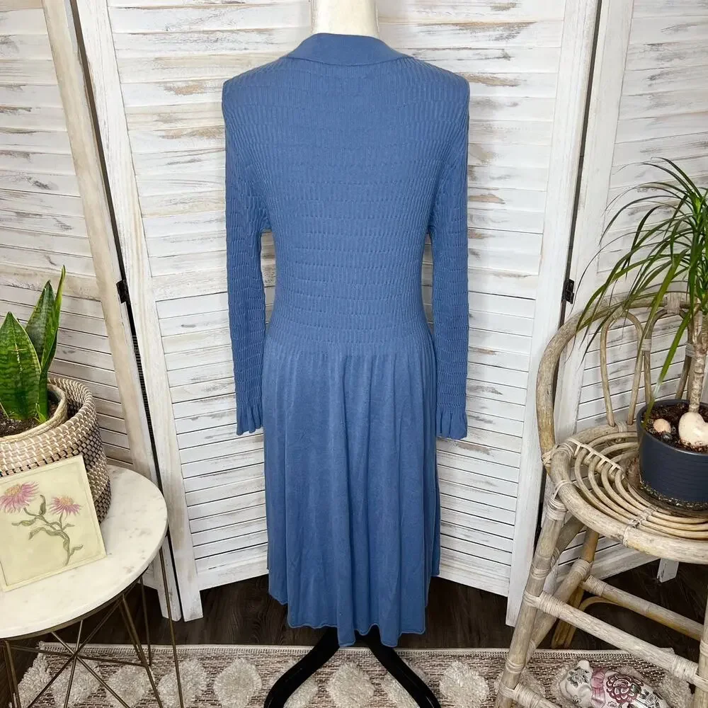 SUNDANCE Nature's Hue High Neck Ruffle Sleeve Midi Dress Blue Medium - Picture 5 of 14